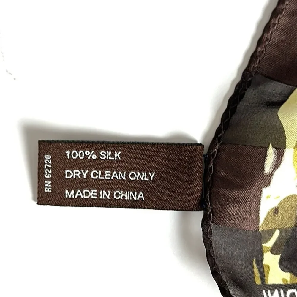 Adrienne Vittadini Silk Scarf Brown Green Ivory Satin Chiffon Square 34×34